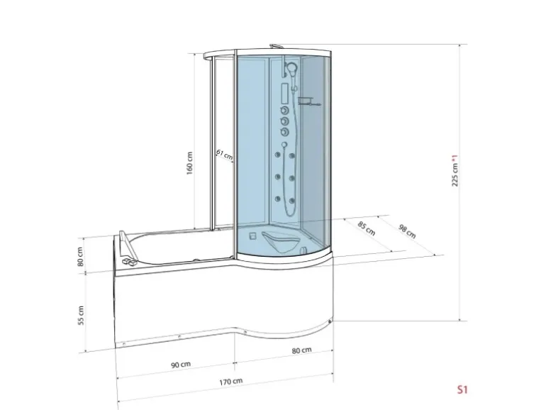 AcquaVapore Kombination Badewanne Dusche K50-L31-EC Duschtempel 170x100