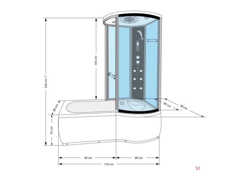 AcquaVapore Kombination Whirlpool Dusche K55-L33-WP Duschkabine Wanne 170x100