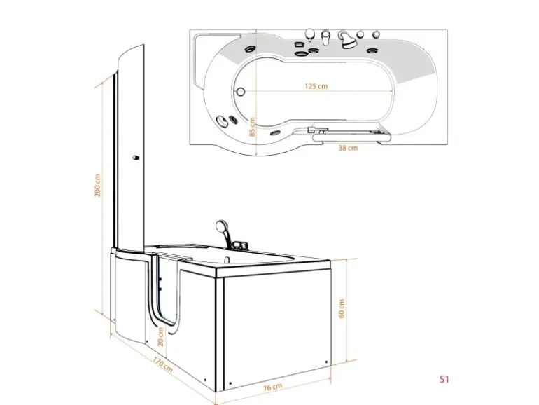 AcquaVapore Seniorendusche und Badewanne mit Tür S12D-TH-R Dusche 85x170