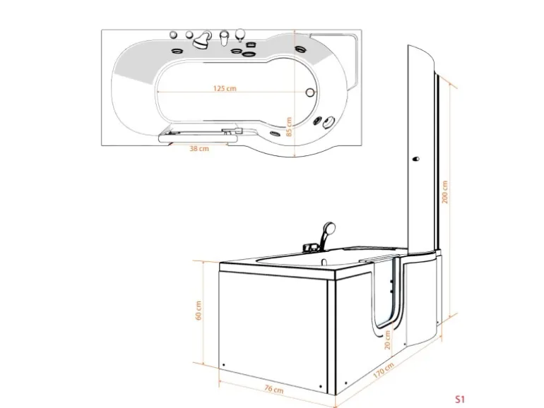 AcquaVapore Seniorendusche und Wanne mit Whirlpool S12D-EH-WP-L Dusche 170x85