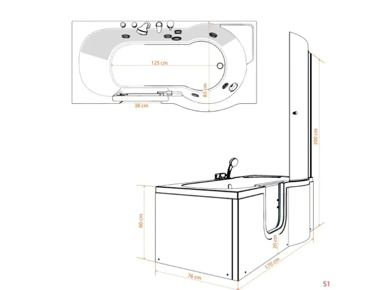 AcquaVapore Seniorendusche und Badewanne mit Tür S12D-L Dusche 170x85
