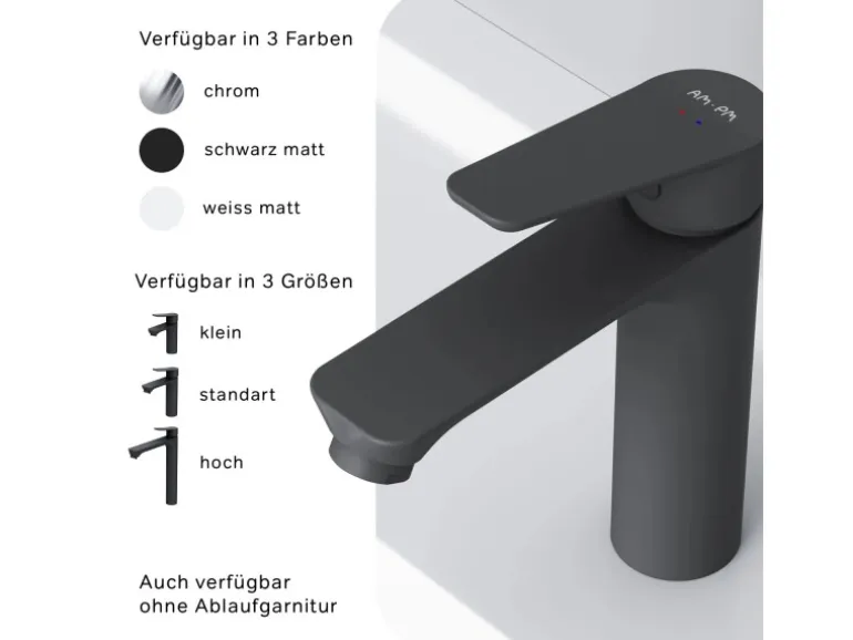 AM.PM Waschtischarmatur mit Klick-Ablaufgarnitur, Waschbecken Armatur, Mischbatterie FTA82222 Hit M-Größe Schwarz