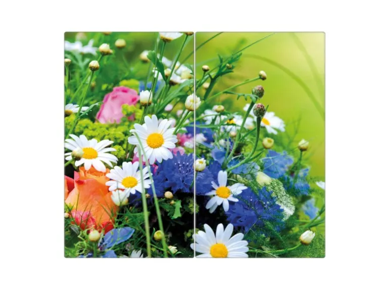 Banjado Herdabdeckplatte Glas 2 Teilig Je 30x52CM Schneidebrett Herdabdeckung Mit Motiv Blumenstrauß