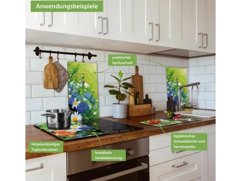Banjado Herdabdeckplatte Glas 2 Teilig Je 30x52CM Schneidebrett Herdabdeckung Mit Motiv Blumenstrauß