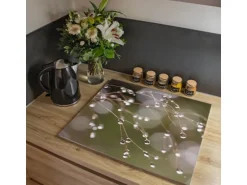 Banjado Herdabdeckplatte Glas 1 Teilig 60x52CM Schneidebrett Herdabdeckung Mit Motiv Tau Auf Zweigen