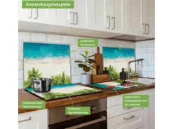 Banjado Herdabdeckplatte Glas 1 Teilig 60x52CM Schneidebrett Herdabdeckung Mit Motiv Strandtag