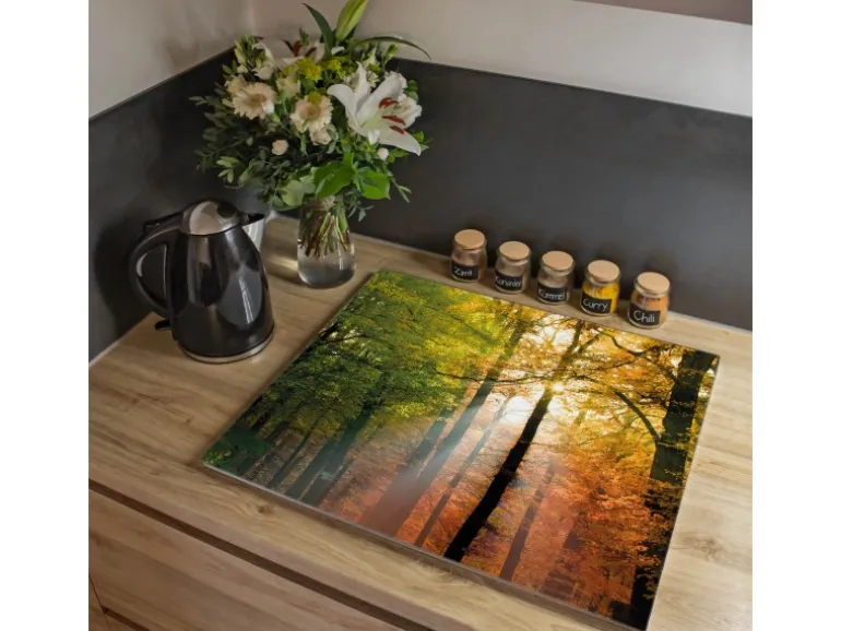 Banjado Herdabdeckplatte Glas 1 Teilig 60x52CM Schneidebrett Herdabdeckung Mit Motiv Herbstwald