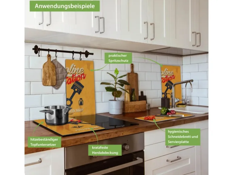 Banjado Herdabdeckplatte Glas 2 Teilig Je 30x52CM Schneidebrett Herdabdeckung Mit Motiv Gasoline Station