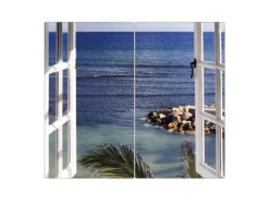 Banjado Herdabdeckplatte Glas 2 Teilig Je 30x52CM Schneidebrett Herdabdeckung Mit Motiv Fensterpanorama