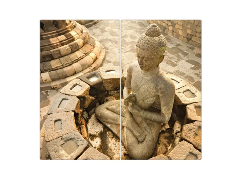 Banjado Herdabdeckplatte Glas 2 Teilig Je 30x52CM Schneidebrett Herdabdeckung Mit Motiv Sitzender Buddha