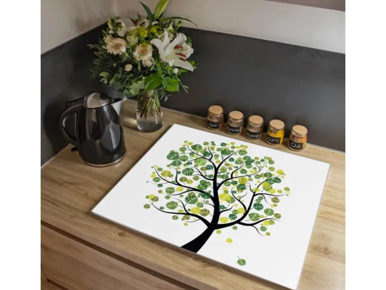 Banjado Herdabdeckplatte Glas 1 Teilig 60x52CM Schneidebrett Herdabdeckung Mit Motiv Laubzauberbaum