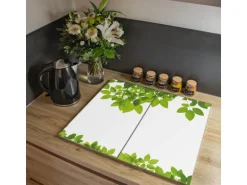 Banjado Herdabdeckplatte Glas 2 Teilig Je 30x52CM Schneidebrett Herdabdeckung Mit Motiv Rahmen Blätter