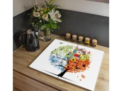 Banjado Herdabdeckplatte Glas 2 Teilig Je 30x52CM Schneidebrett Herdabdeckung Mit Motiv Vier Jahreszeiten