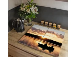 Banjado Herdabdeckplatte Glas 2 Teilig Je 30x52CM Schneidebrett Herdabdeckung Mit Motiv Angler