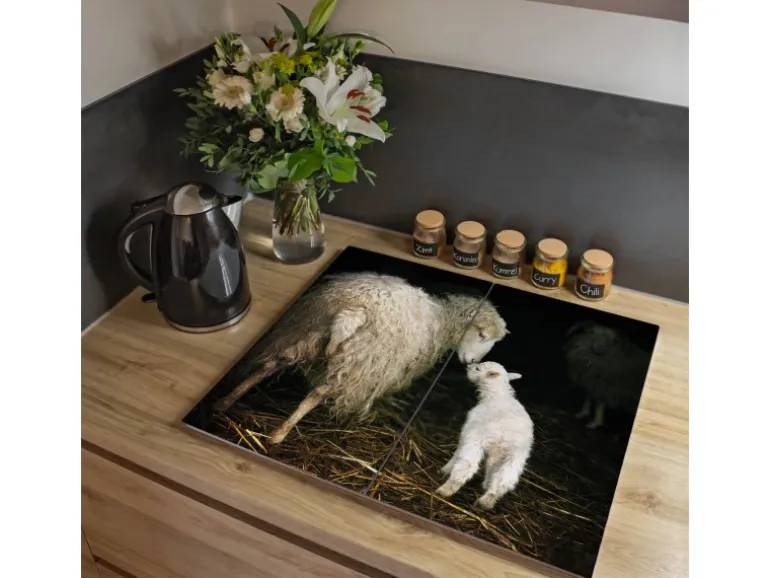 Banjado Herdabdeckplatte Glas 2 Teilig Je 30x52CM Schneidebrett Herdabdeckung Mit Motiv Schaf Und Lamm
