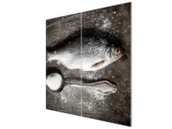 Banjado Herdabdeckplatte Glas 2 Teilig Je 30x52CM Schneidebrett Herdabdeckung Mit Motiv Fisch Und Salz