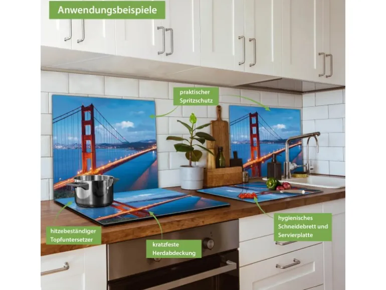 Banjado Herdabdeckplatte Glas 1 Teilig 60x52CM Schneidebrett Herdabdeckung Mit Motiv Golden Gate Bridge