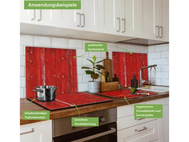 Banjado Herdabdeckplatte Glas 1 Teilig 60x52CM Schneidebrett Herdabdeckung Mit Motiv Rote Holzlatten