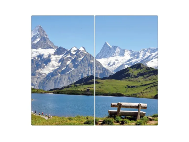Banjado Herdabdeckplatte Glas 2 Teilig Je 30x52CM Schneidebrett Herdabdeckung Mit Motiv Alpen