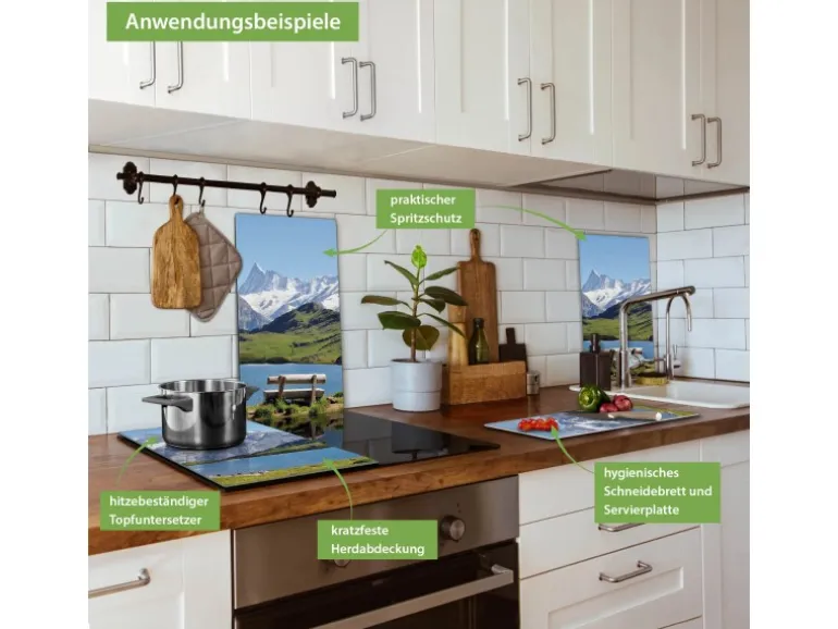 Banjado Herdabdeckplatte Glas 2 Teilig Je 30x52CM Schneidebrett Herdabdeckung Mit Motiv Alpen