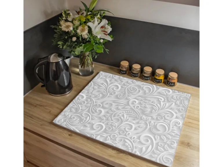 Banjado Herdabdeckplatte Glas 1 Teilig 60x52CM Schneidebrett Herdabdeckung Mit Motiv White Swirl