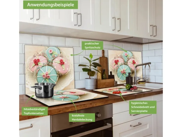 Banjado Herdabdeckplatte Glas 1 Teilig 60x52CM Schneidebrett Herdabdeckung Mit Motiv Cupcakes