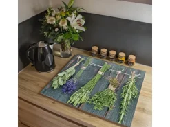 Banjado Herdabdeckplatte Glas 2 Teilig Je 30x52CM Schneidebrett Herdabdeckung Mit Motiv Acht Kräuter