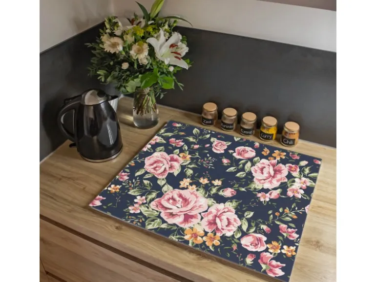 Banjado Herdabdeckplatte Glas 1 Teilig 60x52CM Schneidebrett Herdabdeckung Mit Motiv Rosen Auf Anthrazit