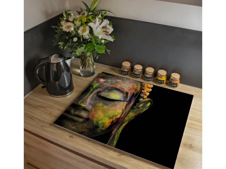 Banjado Herdabdeckplatte Glas 2 Teilig Je 30x52CM Schneidebrett Herdabdeckung Mit Motiv Bunter Buddha