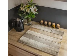 Banjado Herdabdeckplatte Glas 1 Teilig 60x52CM Schneidebrett Herdabdeckung Mit Motiv Graues Holz