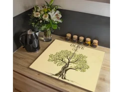 Banjado Herdabdeckplatte Glas 2 Teilig Je 30x52CM Schneidebrett Herdabdeckung Mit Motiv Olivenbaum