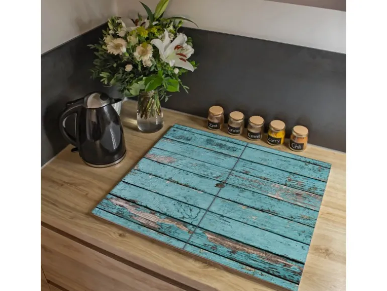 Banjado Herdabdeckplatte Glas 2 Teilig Je 30x52CM Schneidebrett Herdabdeckung Mit Motiv Blaue Holzlatten