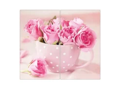 Banjado Herdabdeckplatte Glas 2 Teilig Je 30x52CM Schneidebrett Herdabdeckung Mit Motiv Tasse Voll Rosen