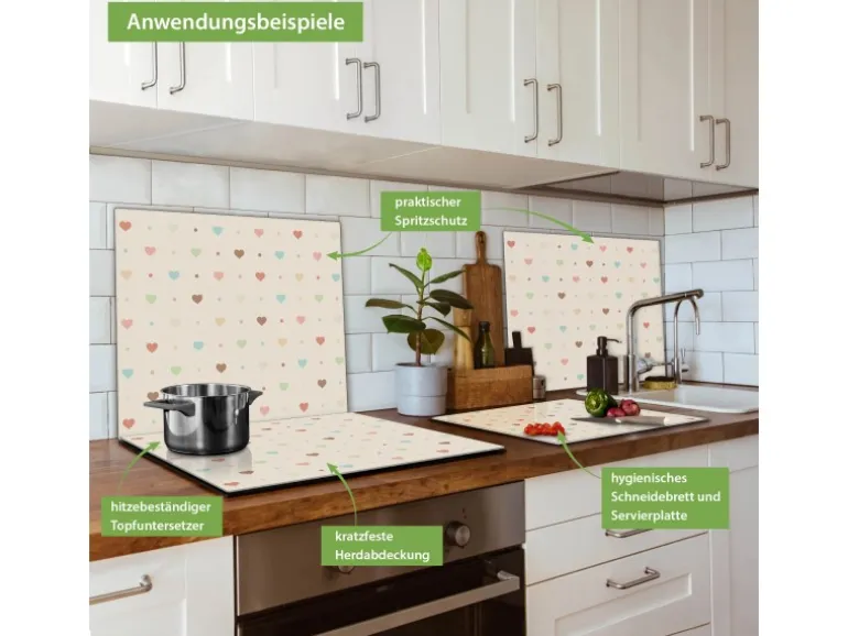 Banjado Herdabdeckplatte Glas 1 Teilig 60x52CM Schneidebrett Herdabdeckung Mit Motiv Herzen Bunt