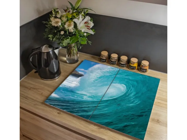 Banjado Herdabdeckplatte Glas 2 Teilig Je 30x52CM Schneidebrett Herdabdeckung Mit Motiv Perfekte Welle
