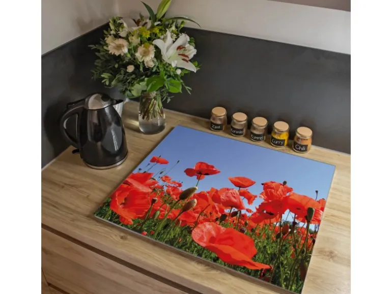 Banjado Herdabdeckplatte Glas 1 Teilig 60x52CM Schneidebrett Herdabdeckung Mit Motiv Mohnblumen
