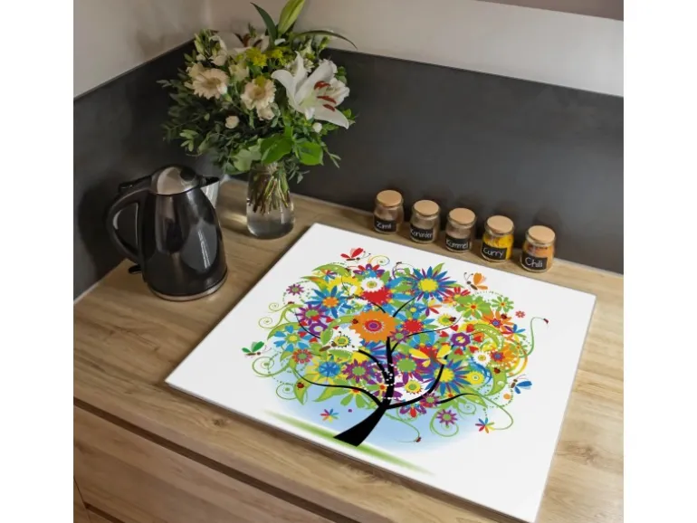 Banjado Herdabdeckplatte Glas 1 Teilig 60x52CM Schneidebrett Herdabdeckung Mit Motiv Märchenzauberbaum