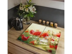 Banjado Herdabdeckplatte Glas 2 Teilig Je 30x52CM Schneidebrett Herdabdeckung Mit Motiv Kamille Und Mohn