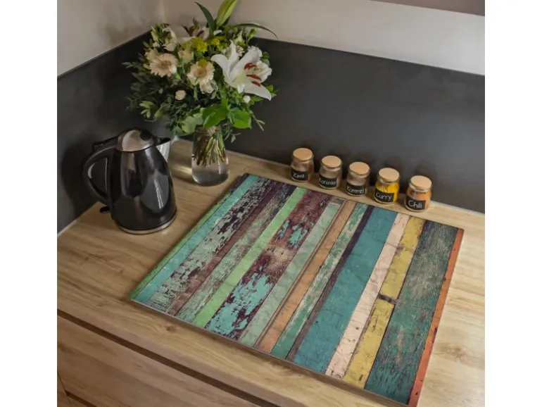 Banjado Herdabdeckplatte Glas 2 Teilig Je 30x52CM Schneidebrett Herdabdeckung Mit Motiv Bunte Bretterwand