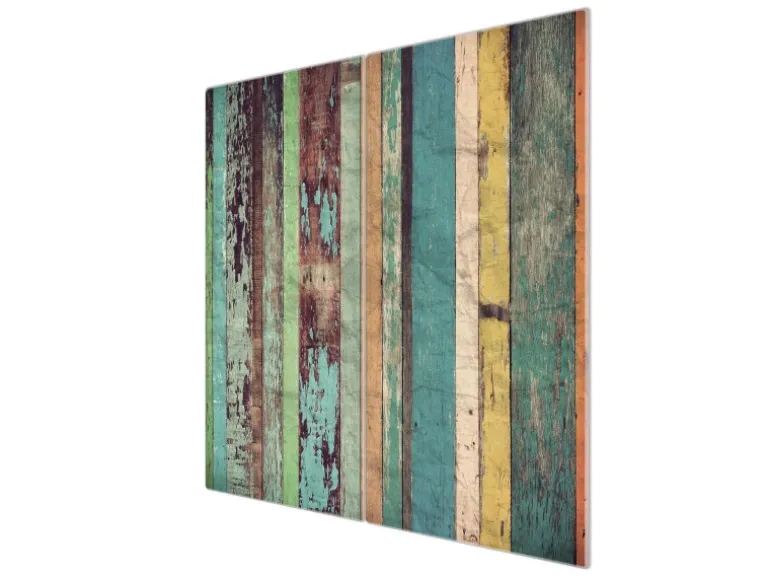 Banjado Herdabdeckplatte Glas 2 Teilig Je 30x52CM Schneidebrett Herdabdeckung Mit Motiv Bunte Bretterwand