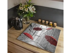 Banjado Herdabdeckplatte Glas 1 Teilig 60x52CM Schneidebrett Herdabdeckung Mit Motiv Rote Schirme