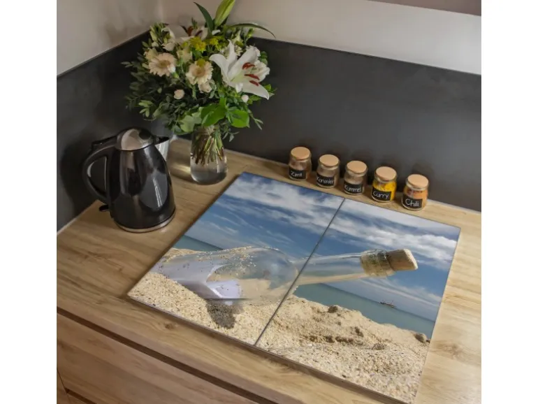 Banjado Herdabdeckplatte Glas 2 Teilig Je 30x52CM Schneidebrett Herdabdeckung Mit Motiv Flaschenpost