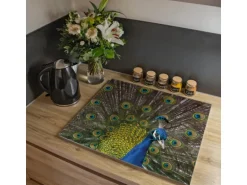 Banjado Herdabdeckplatte Glas 1 Teilig 60x52CM Schneidebrett Herdabdeckung Mit Motiv Pfau