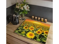 Banjado Herdabdeckplatte Glas 1 Teilig 60x52CM Schneidebrett Herdabdeckung Mit Motiv Sonnenblumenmeer