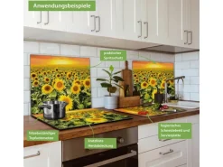 Banjado Herdabdeckplatte Glas 1 Teilig 60x52CM Schneidebrett Herdabdeckung Mit Motiv Sonnenblumenmeer