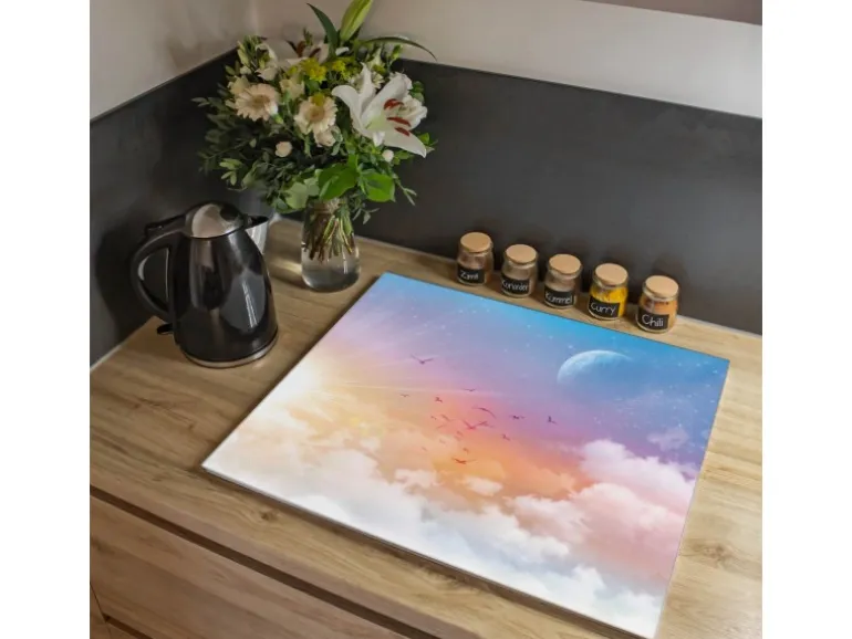 Banjado Herdabdeckplatte Glas 1 Teilig 60x52CM Schneidebrett Herdabdeckung Mit Motiv Vögel Am Himmel