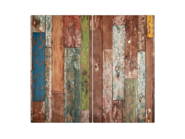 Banjado Herdabdeckplatte Glas 2 Teilig Je 30x52CM Schneidebrett Herdabdeckung Mit Motiv Buntes Holz