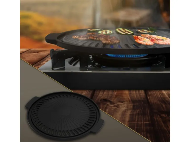 Bbq#Boss Grillplatte aus Gusseisen 32 cm Runde Gusspfanne Gerippte Bratpfanne