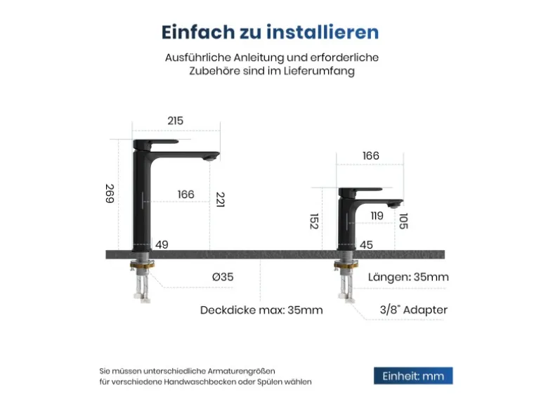 Emke Wasserhahn Bad 215 x 269 x 49 mm Schwarz Matt Waschtischarmatur Mischbatterie Waschbecken