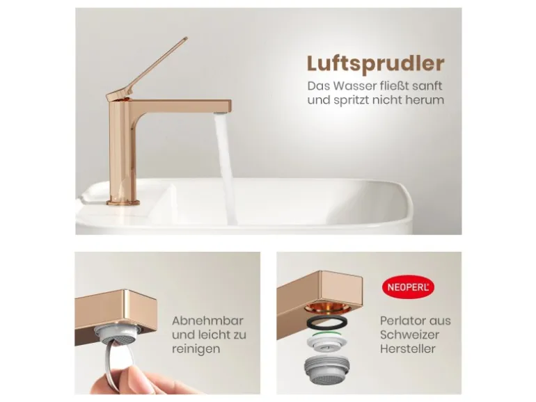 Emke Wasserhahn Waschbeckenarmaturen 195 x 173 x 46 mm Rosengold Mischbatterie Küchenarmatur mit Luftsprudler